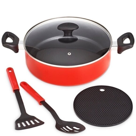 New BELLA 5-Pc. Nonstick Everyday set black and red cookware, frying pan - Picture 1 of 8